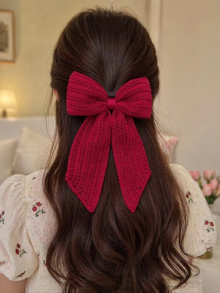 Handmade Crochet Oversized Hair Bow Clip – Maroon / Ruby Red