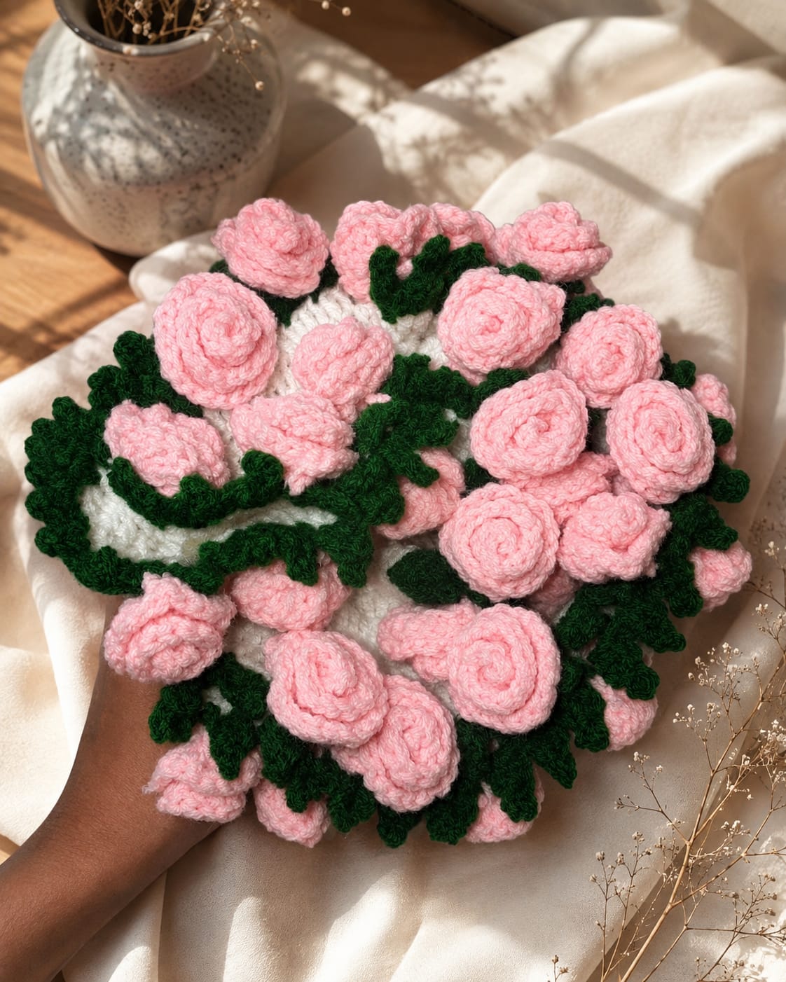 Handmade Crochet Pink Rose Bouquet