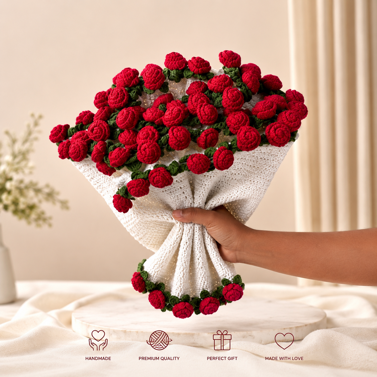 Handmade Crochet Rose Bouquet Blanket | Convertible Floral Crochet Throw | Red Rose Blanket Bouquet | Anniversary, Valentine's Day, Birthday, Wedding Gift | Home Decor