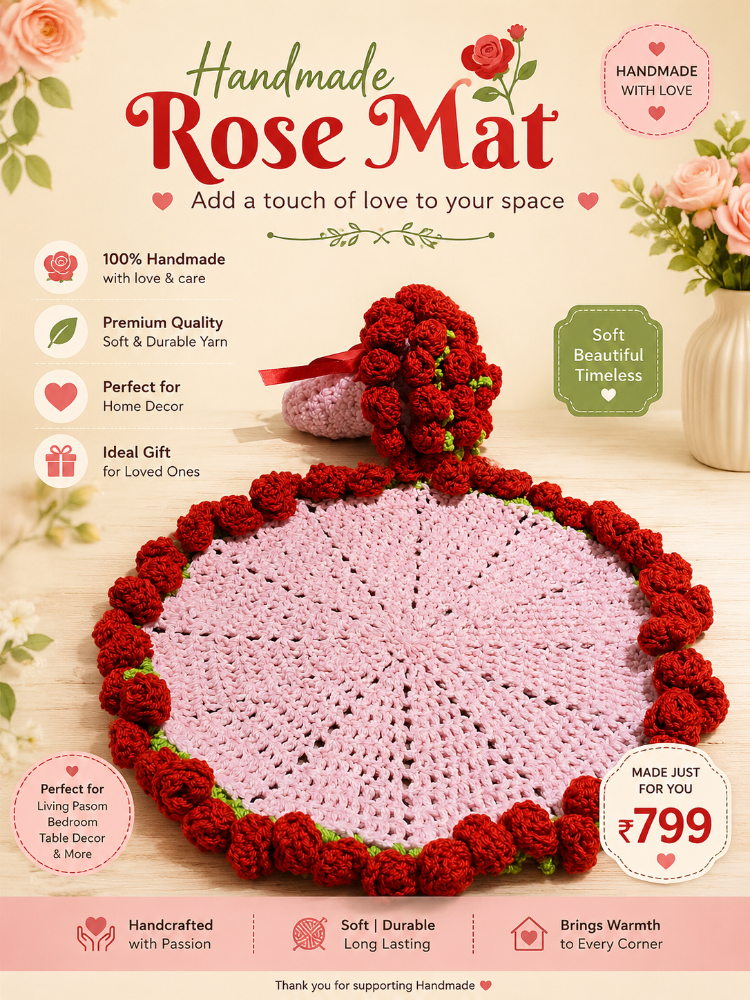 Handmade Crochet Rose Mat | Round Floral Crochet Rug | Premium Acrylic Yarn Table Mat | Elegant Home Décor | Unique Gift for Women | Handmade Flower Mat