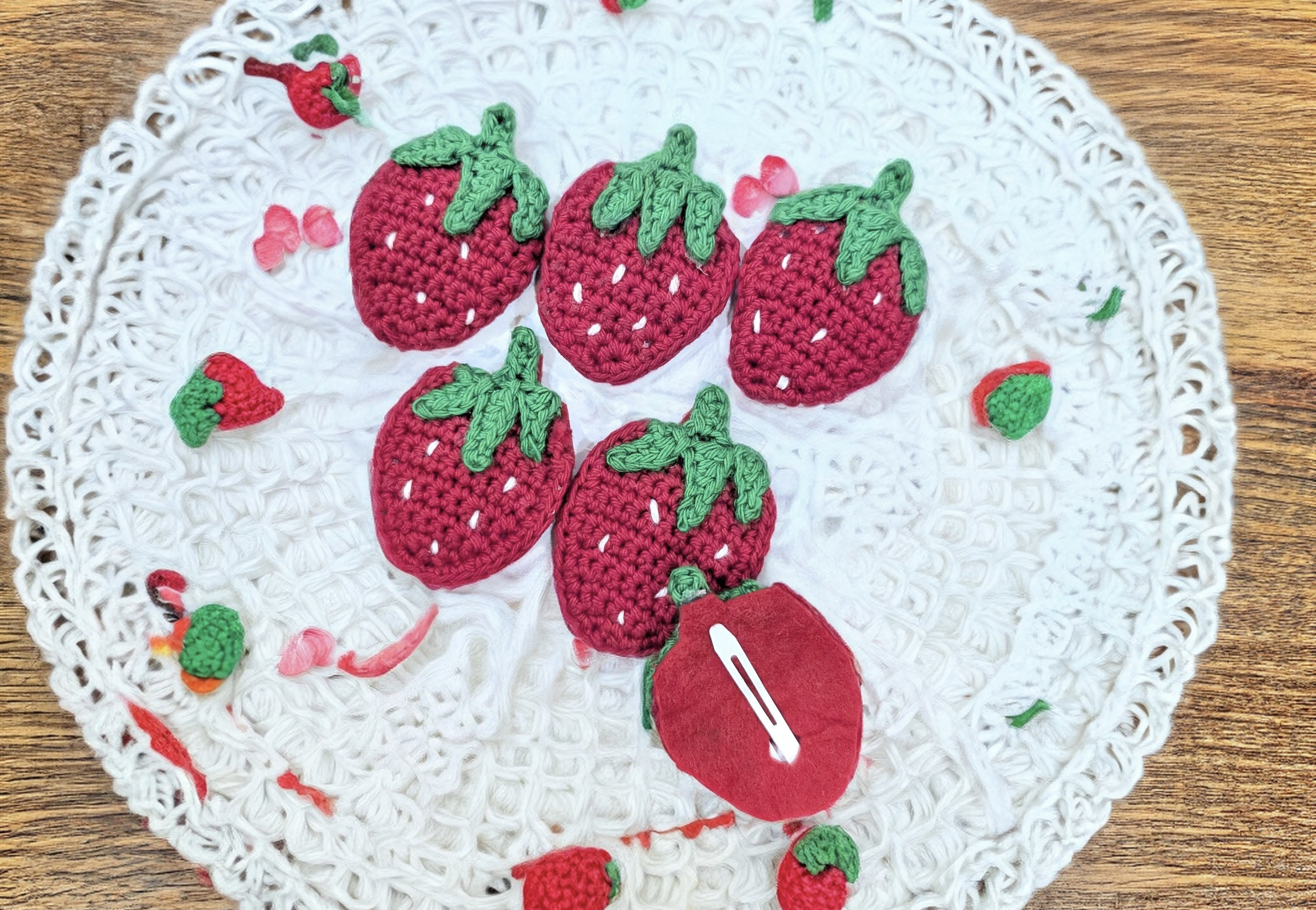 Handmade Crochet Strawberry Hair Clip Set | Cute Amigurumi Hair Accessories for Girls & Kids