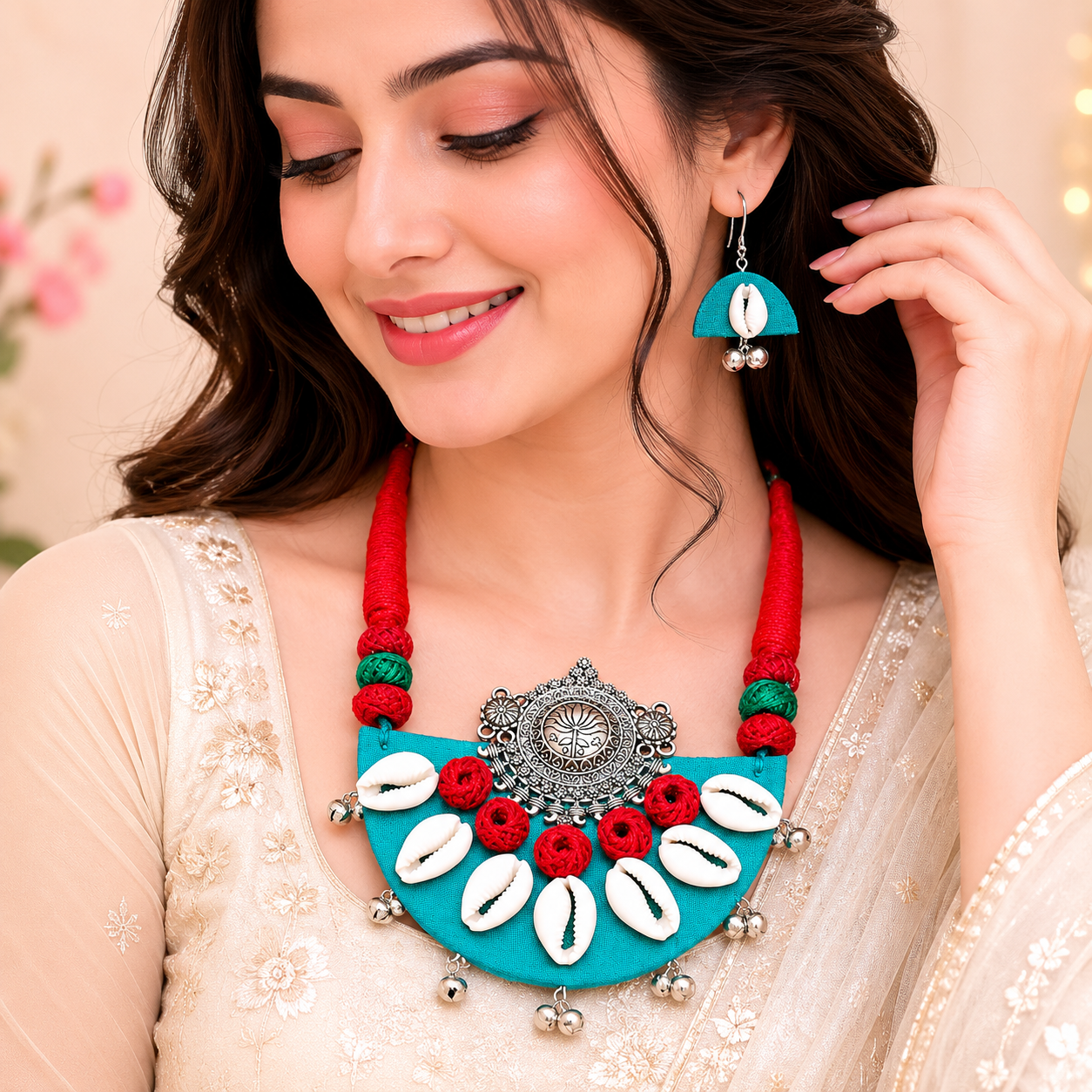 Handmade fabric necklace and earrings set.