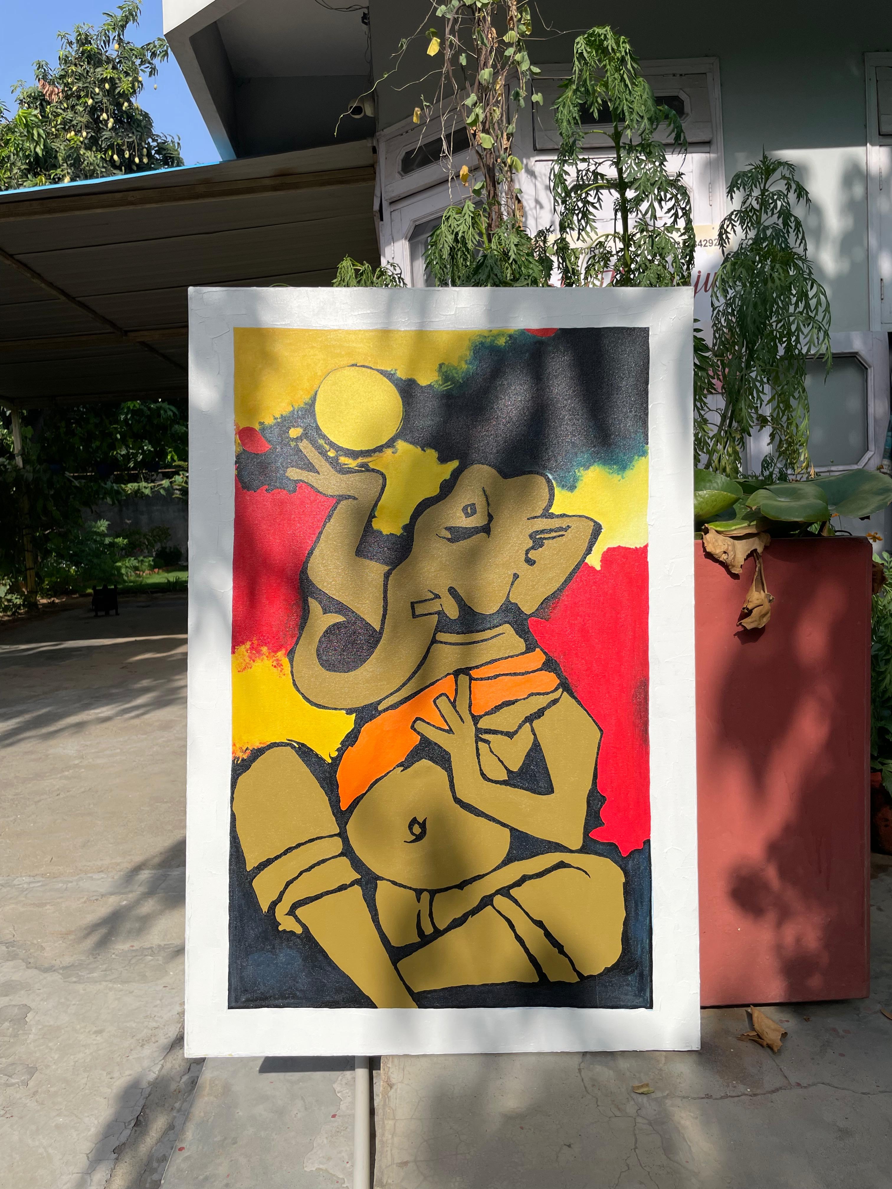 HANDMADE Ganesha Inspired Canvas Painting, Vibrant Ganesh Ji Canvas Painting for Living Room, Office & Pooja Room 60 X 90 cm (24X36 inches) fade-resistant acrylic colors, wooden frame