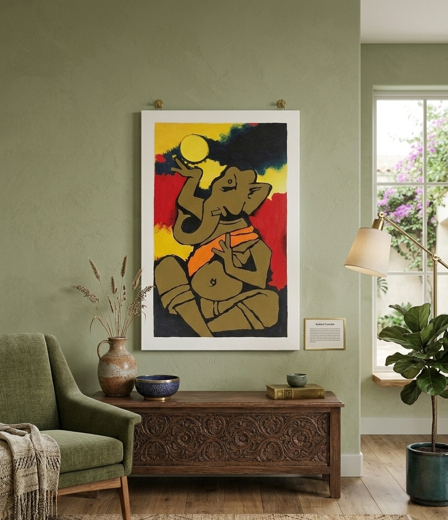 HANDMADE Ganesha Inspired Canvas Painting, Vibrant Ganesh Ji Canvas Painting for Living Room, Office & Pooja Room 60 X 90 cm (24X36 inches) fade-resistant acrylic colors, wooden frame