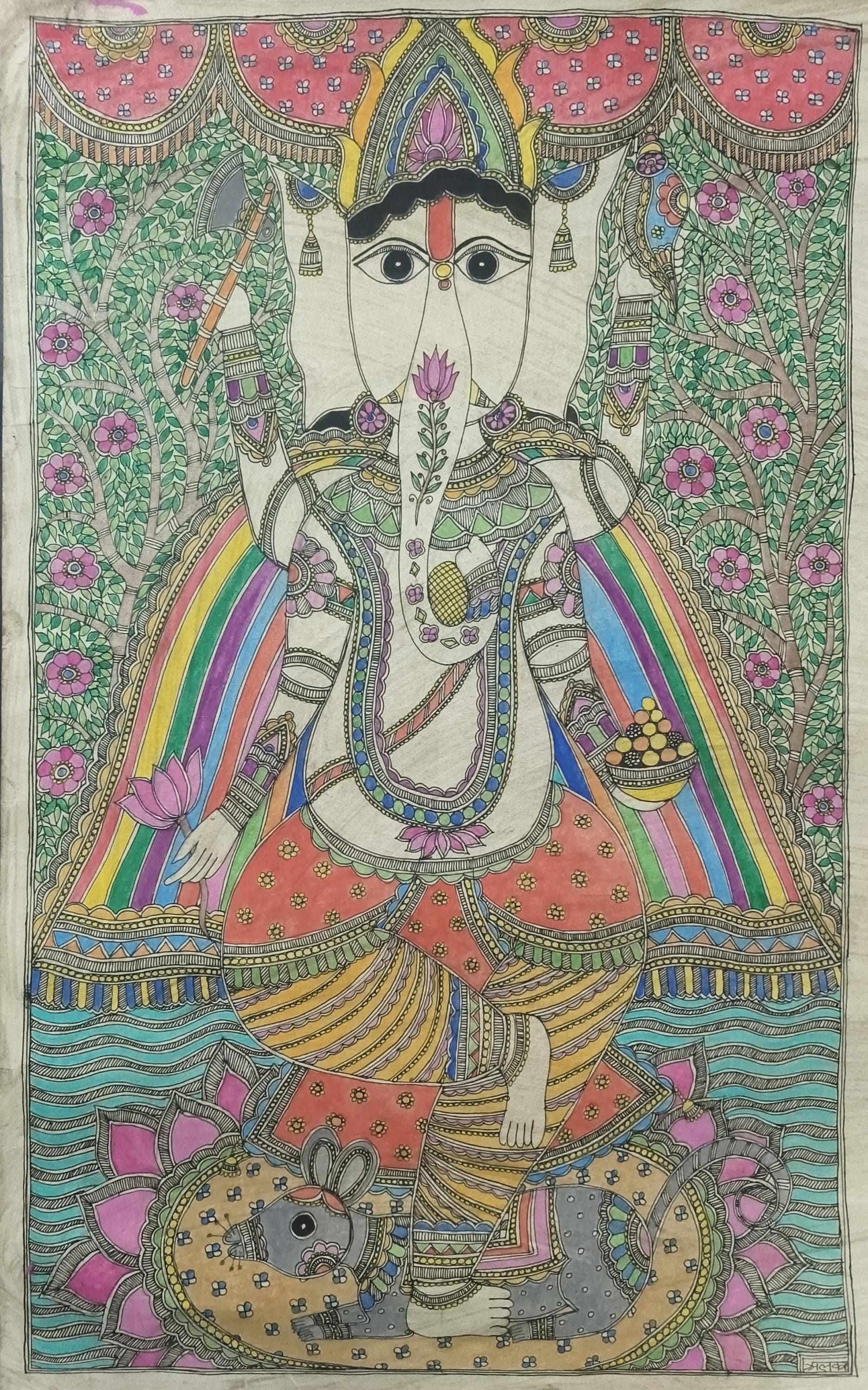Handmade Ganesha Madhubani Painting, Indian Folk Art