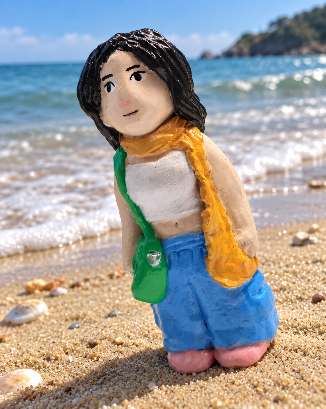 Handmade Girl Figurine with Yellow Scarf & Green Sling Bag | Cute Hand-Painted Clay Art