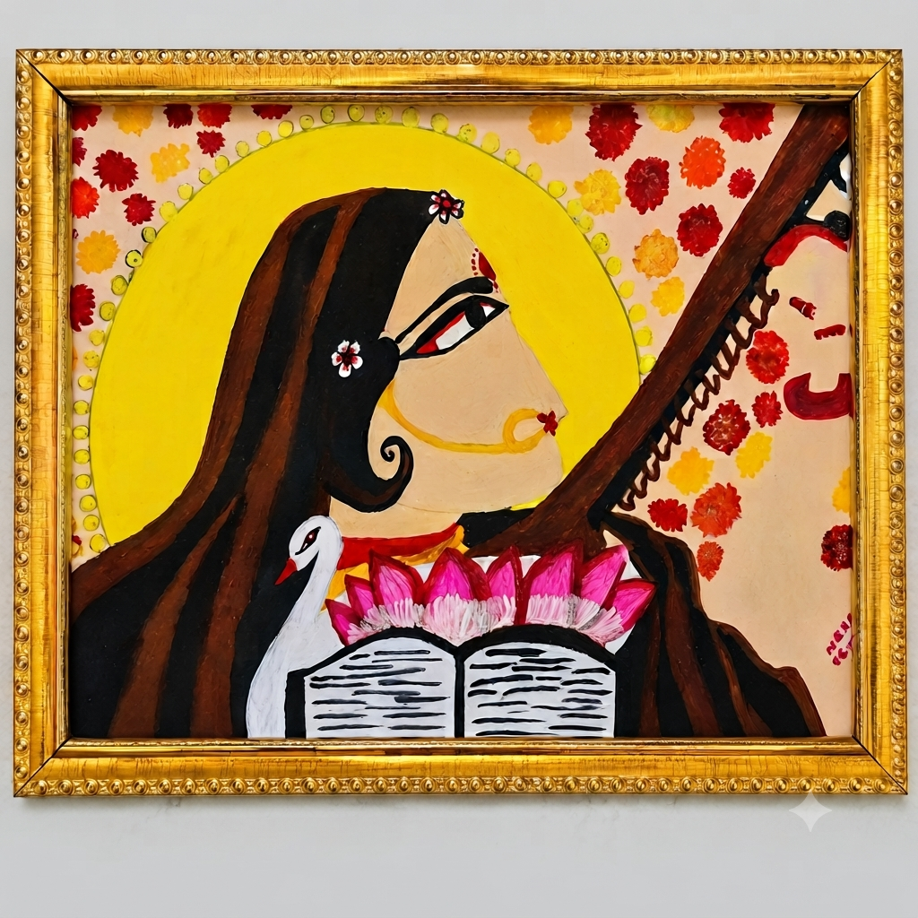 Handmade Goddess Saraswati Traditional Art Painting with Frame