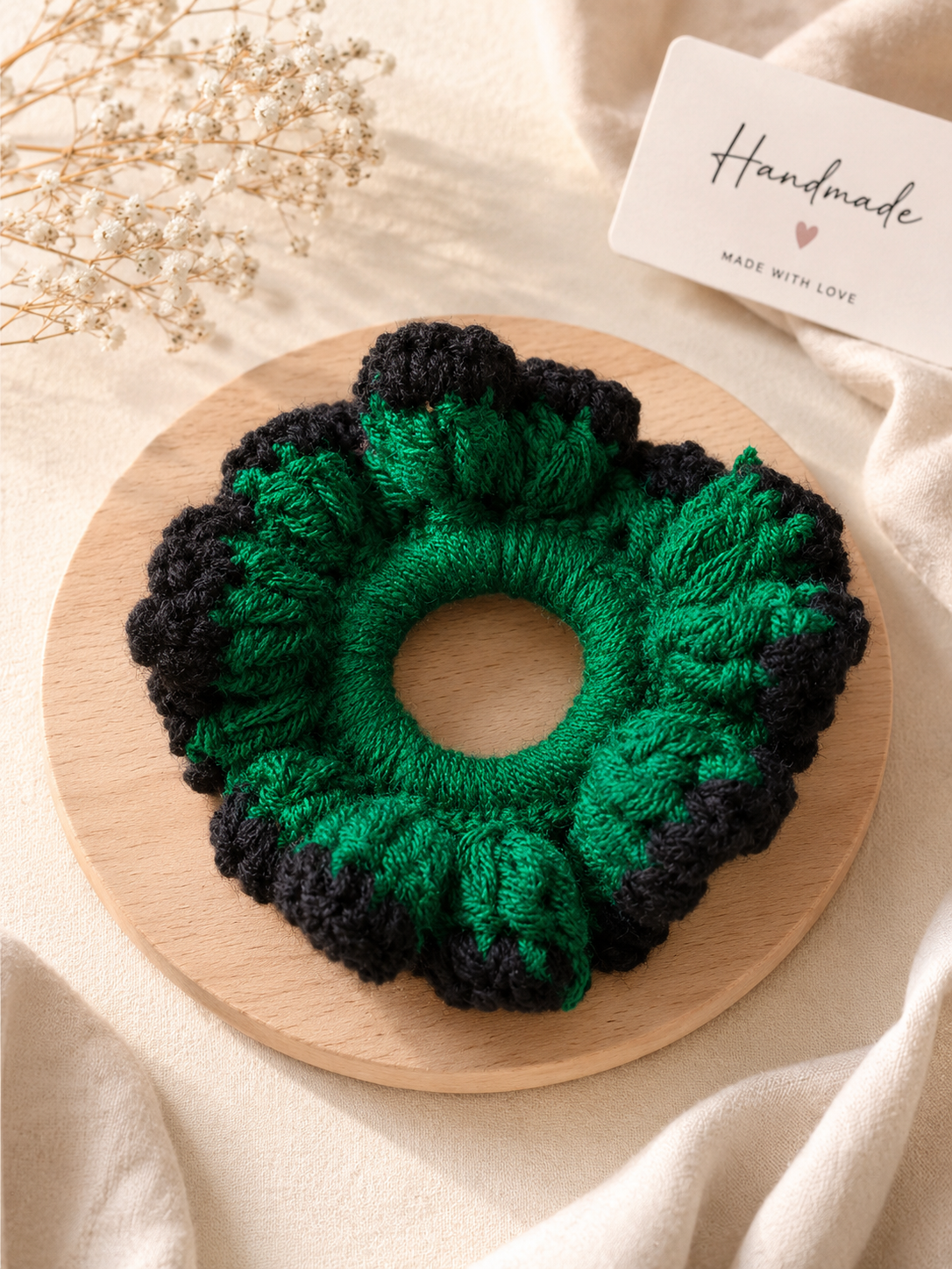Handmade Green Crochet Scrunchie Soft Hair Band for Women
