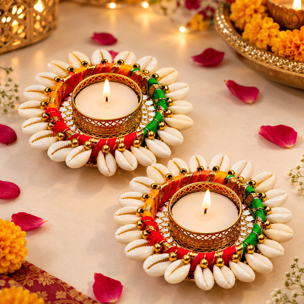 Handmade Kaudi Shell Decorative Tealight Diya Holder(Set of 2-Including wax candle)
