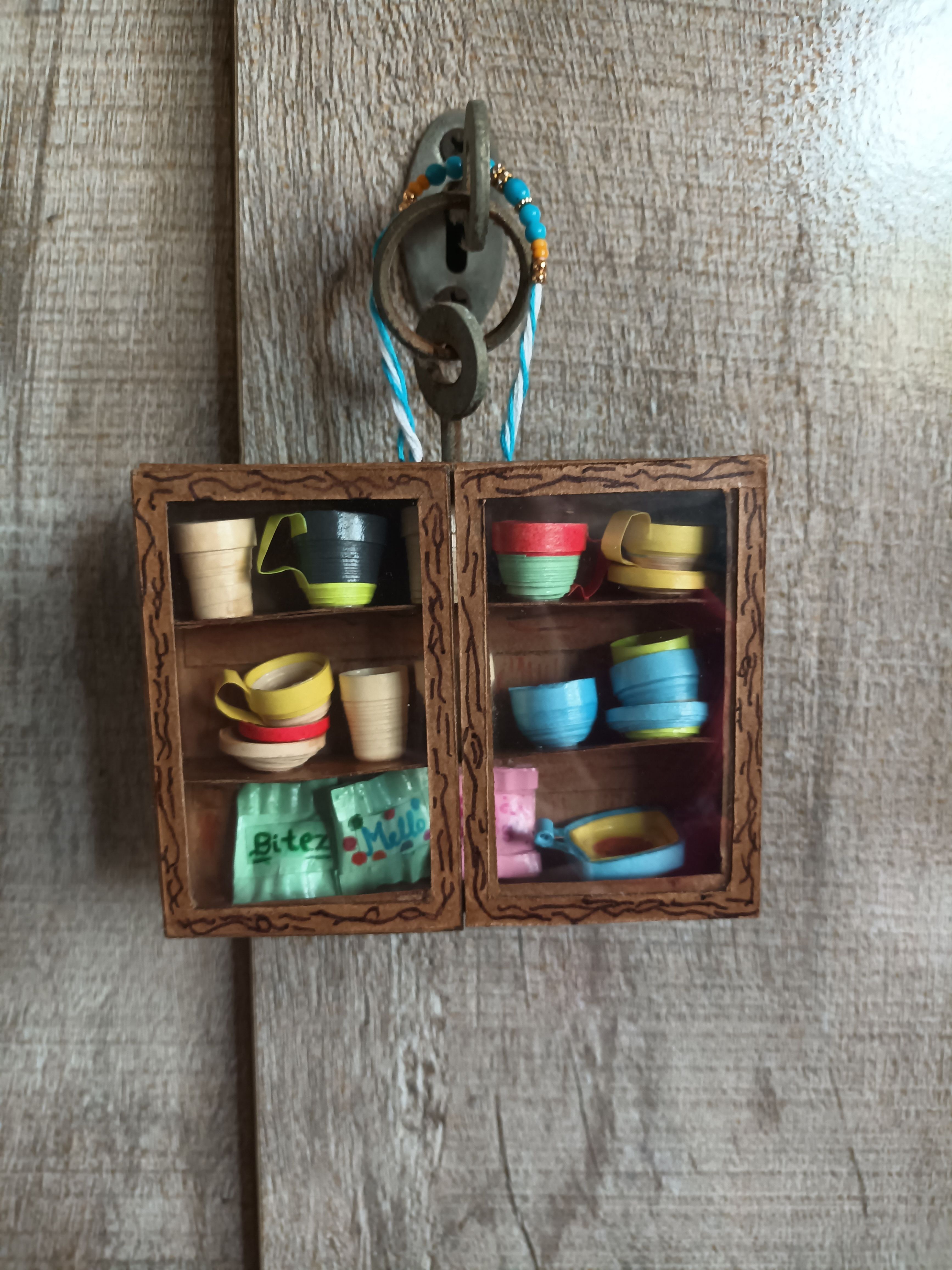 Handmade Mini Paper Cabinet – Dollhouse Kitchen Cupboard with Mini Dishes Hanging