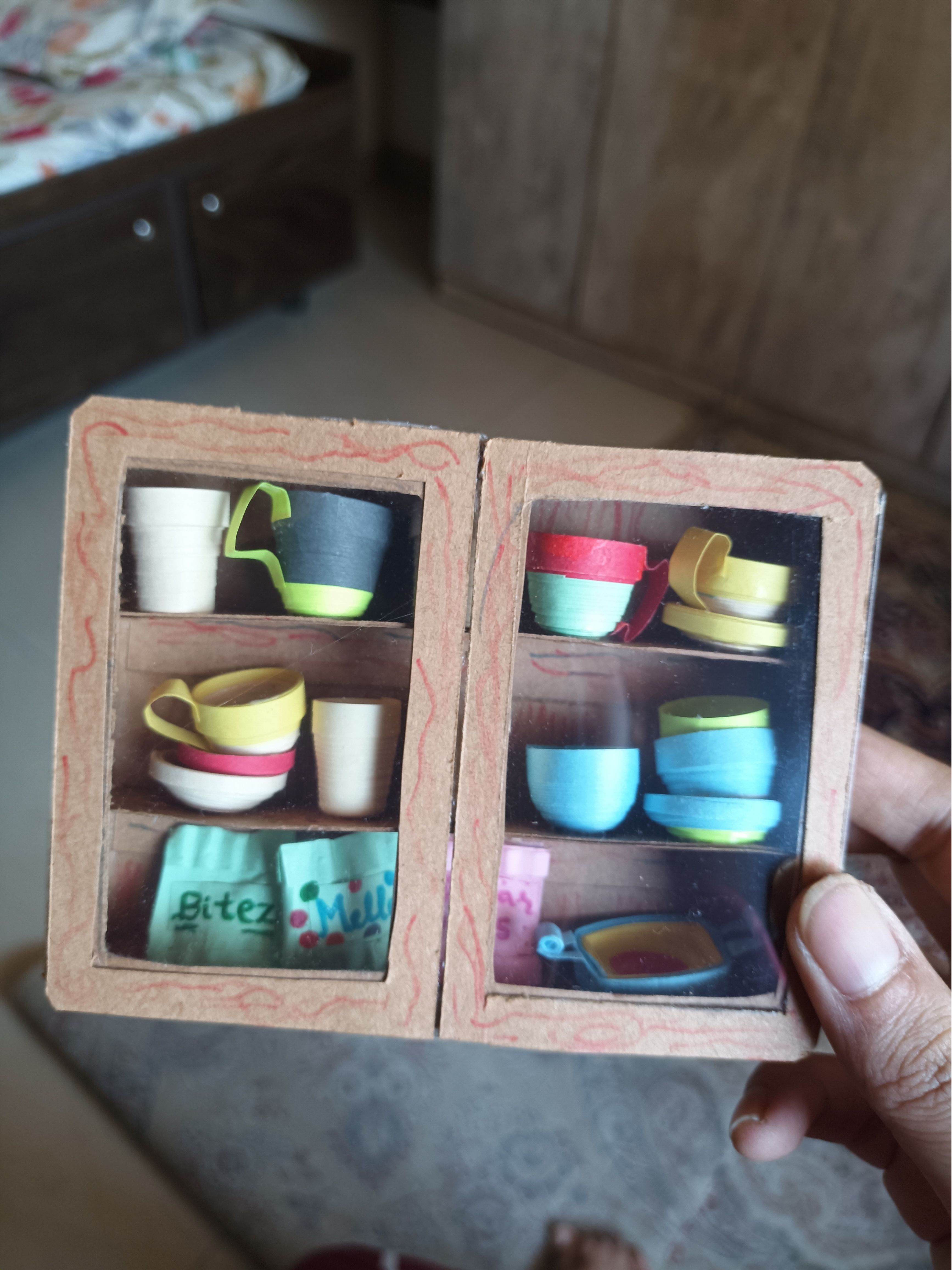 Handmade Mini Paper Cabinet – Dollhouse Kitchen Cupboard with Mini Dishes