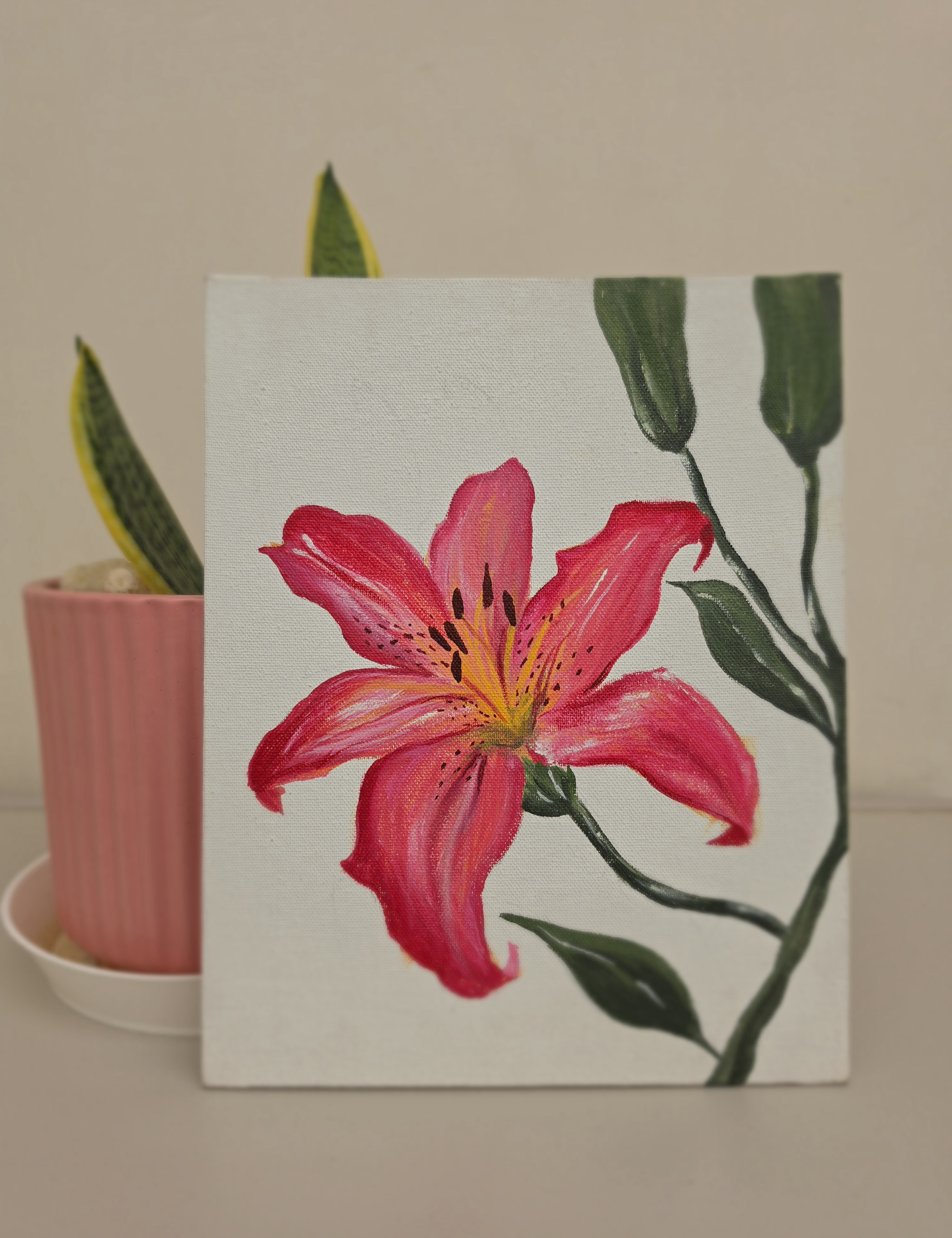 Handmade Pink Lily Flower Acrylic Painting on Canvas, Wall Art 20X26cm, Vibrant Multicolored Canvas Painting for Living Room, Office, fade-resistant acrylic colors