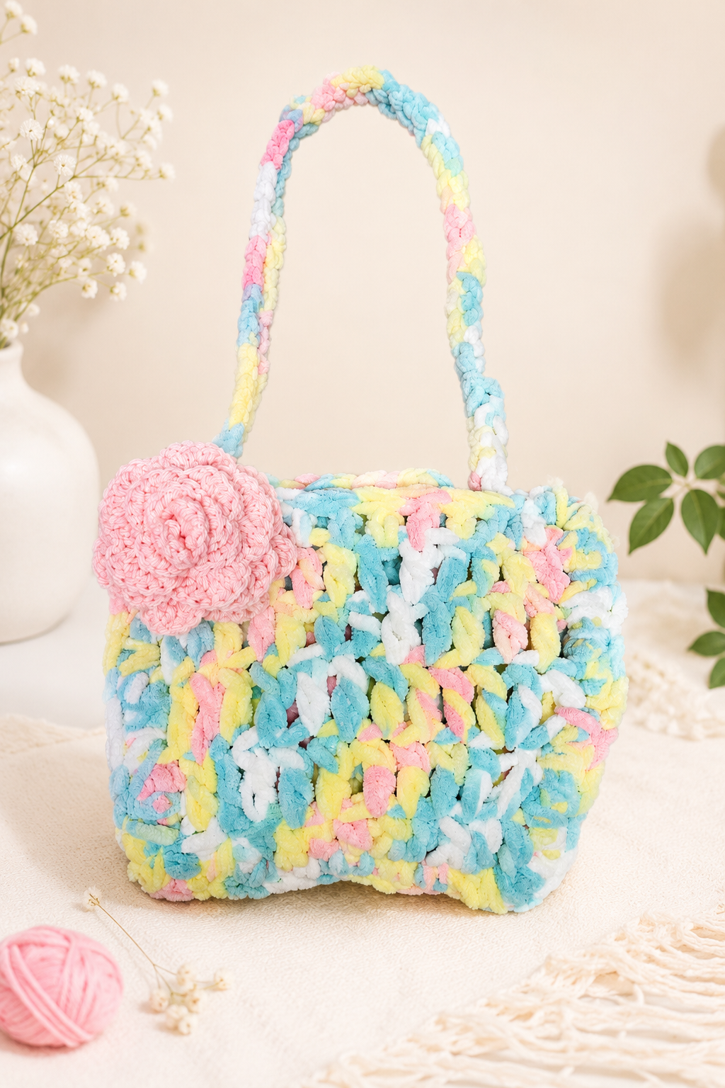 Handmade Plush Crochet Shoulder Bag – Soft Pastel Chenille Handbag with Crochet Rose | Cute Women's Tote Bag