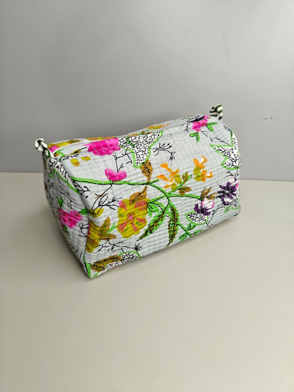 Handmade Quilted Floral Fabric Multipurpose Pouch for Makeup, Travel & Daily Use