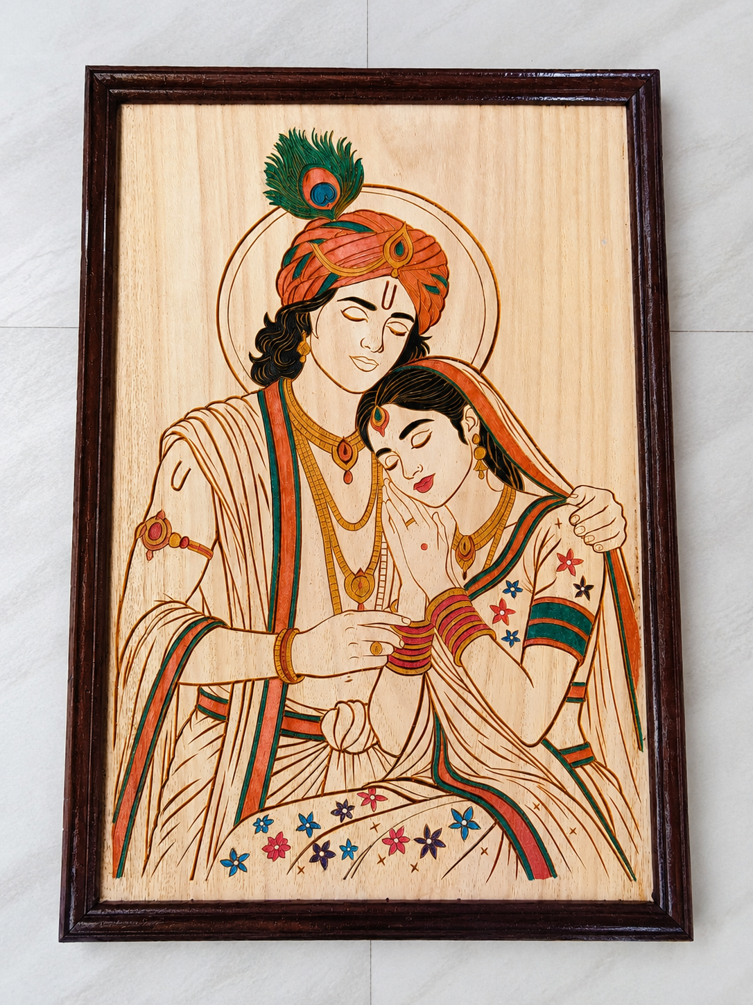 Handmade Radha Krishna wooden carving wall photo frame.size 12/18 inch