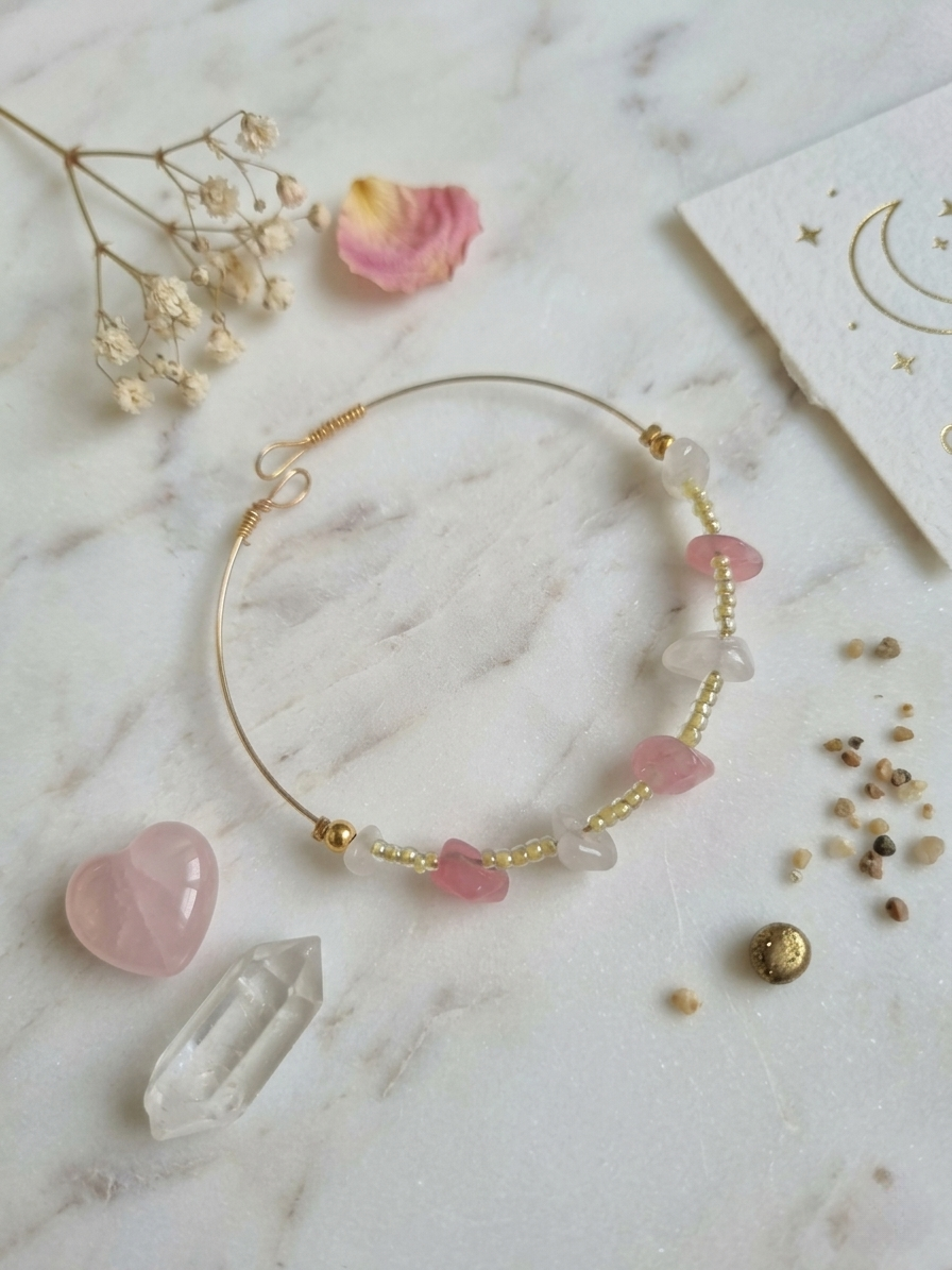 Handmade Rose Quartz & Gold Bead Adjustable Bangle – Elegant Pink Stone Bracelet