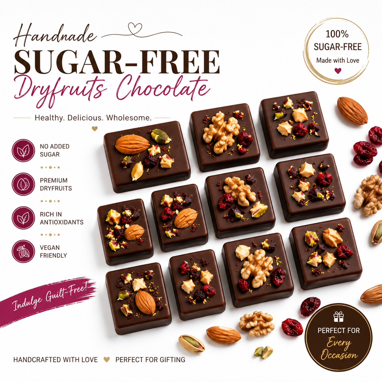 Handmade Sugar-Free Dry Fruits Chocolate | Healthy Dark Chocolate Gift Box