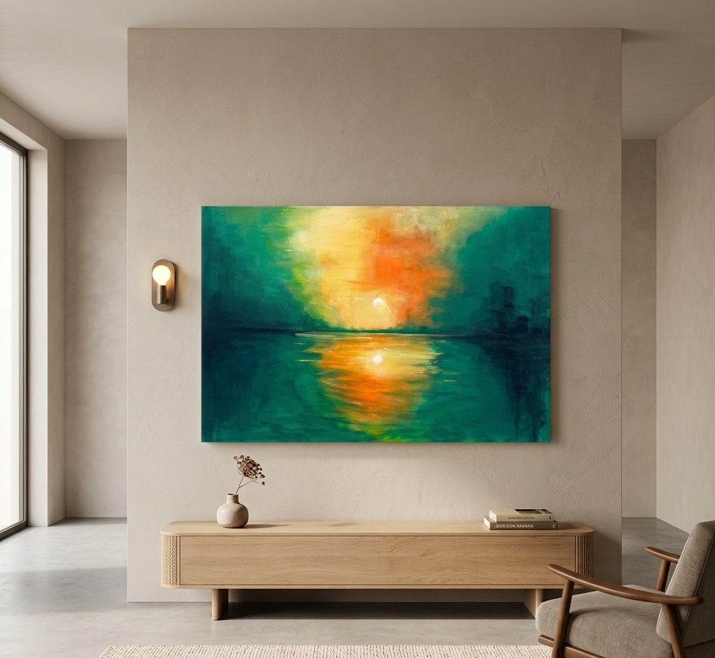 HANDMADE Sunset Landscape Acrylic Painting on Canvas for Living Room, Office 60 X 90 cm (24X36 inches) fade-resistant acrylic colors, wooden frame