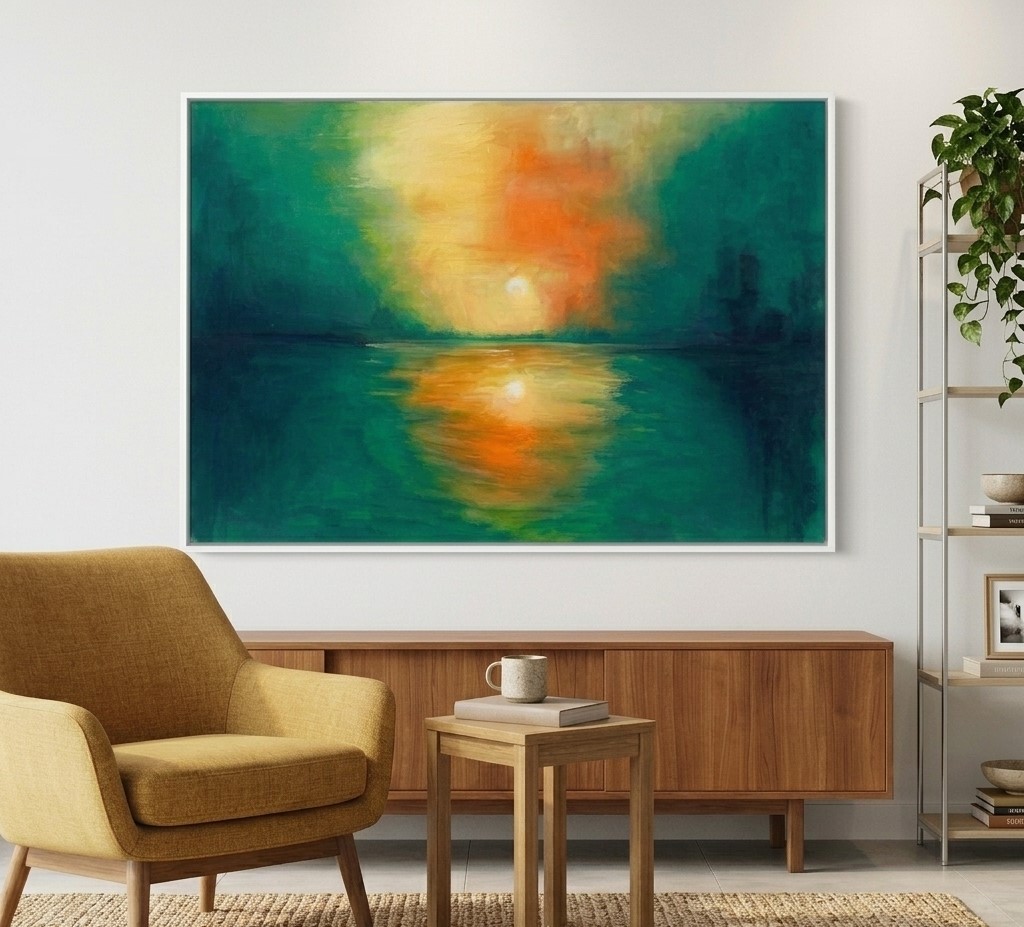HANDMADE Sunset Landscape Acrylic Painting on Canvas for Living Room, Office 60 X 90 cm (24X36 inches) fade-resistant acrylic colors, wooden frame
