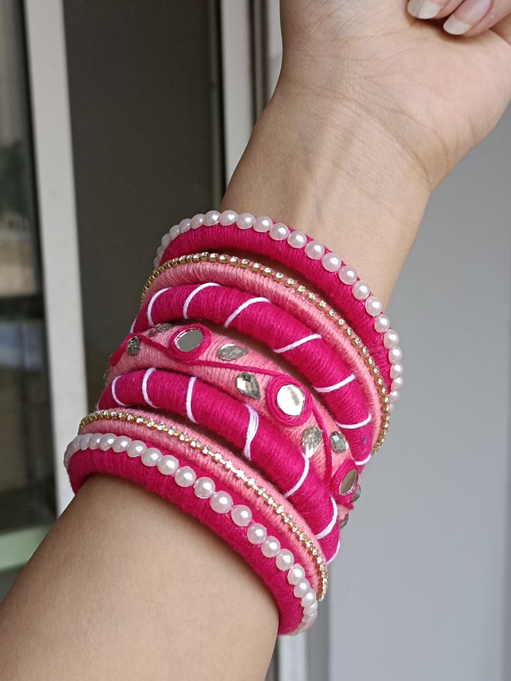 Handmade Thread Bangles Set – Pink Pearl & Mirror Work | Navratri Special (Custom Made)