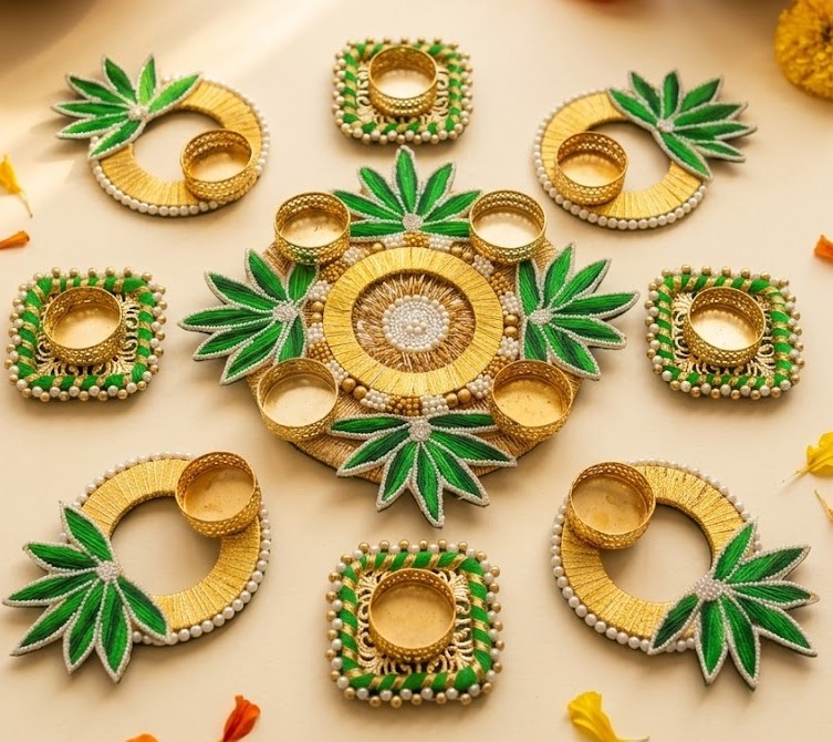 Hariyali Rajsi Diya Set – Handcrafted Green & Gold Festive Decor