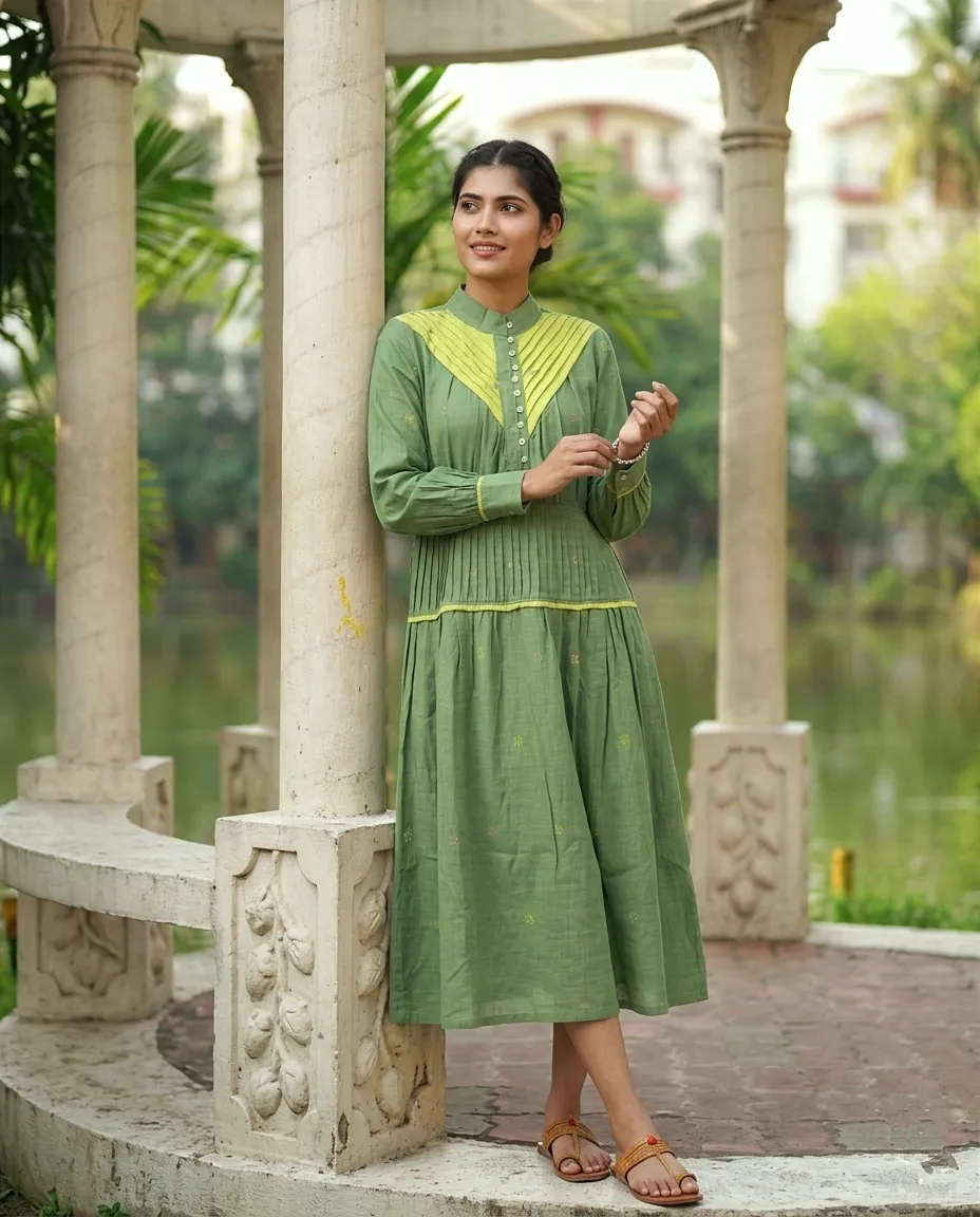 HAZE - Sage green hue accented with a striking lime-green pleated yoke, the dress exudes understated sophistication.