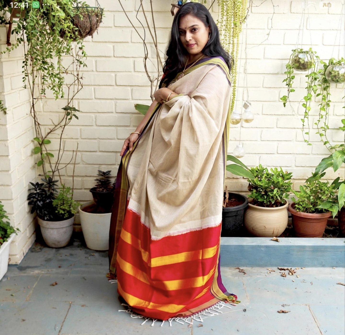 ILKAL HANDLOOM - CONTEMPORARY STYLE -BEIGE WITH RED PALLU
