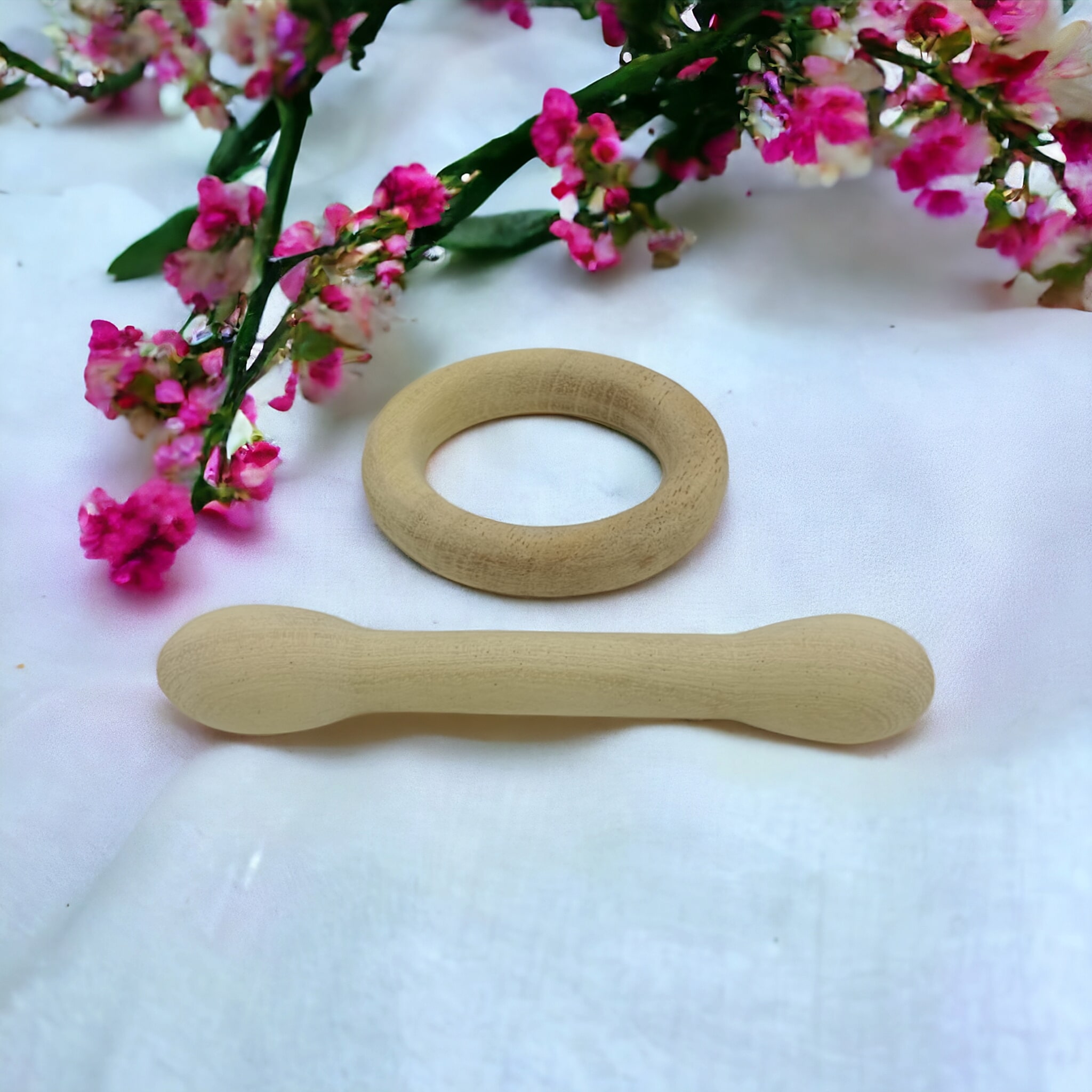 Neem Wood Baby Teether Dumbbell Ring | Natural Wooden Teething Toy India