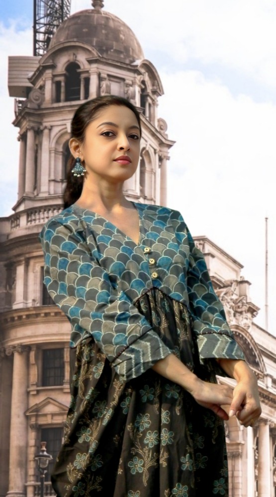 JAKAR - Frilled & Pleated ,V Neck Three Quarter Sleeves Ajrakh-printed Maxi Dress.