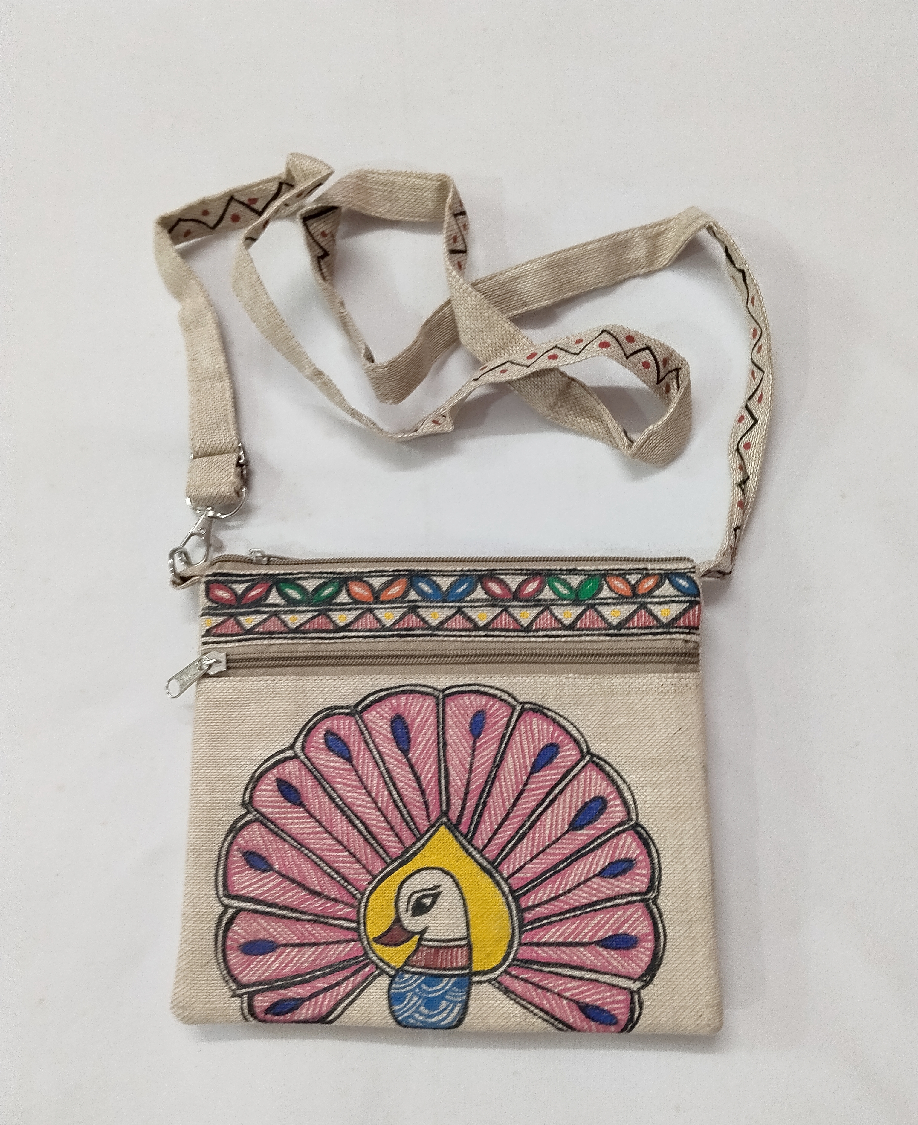 “Handcrafted Madhubani Art Jute Sling Bag – Traditional Elegance on Natural Jute”
