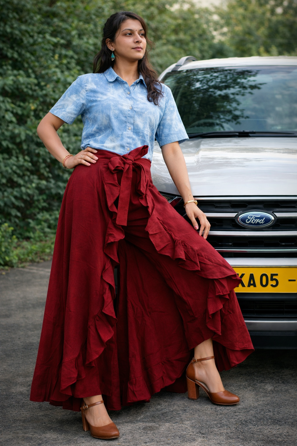 KALEIDOS - Rich Maroon Waist Tie-Up Ruffled Maxi Skirt with Attached Trousers.