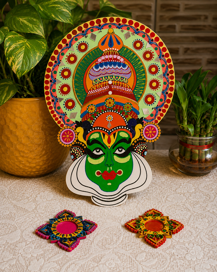 Kathakali Face Mak Wall Hanging + 2 Free Candle Holders