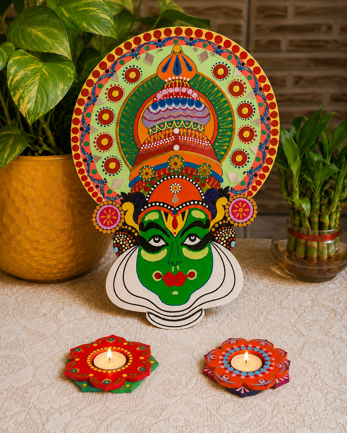 Kathakali Face Wall Hanging + 2 Free Candle Holders