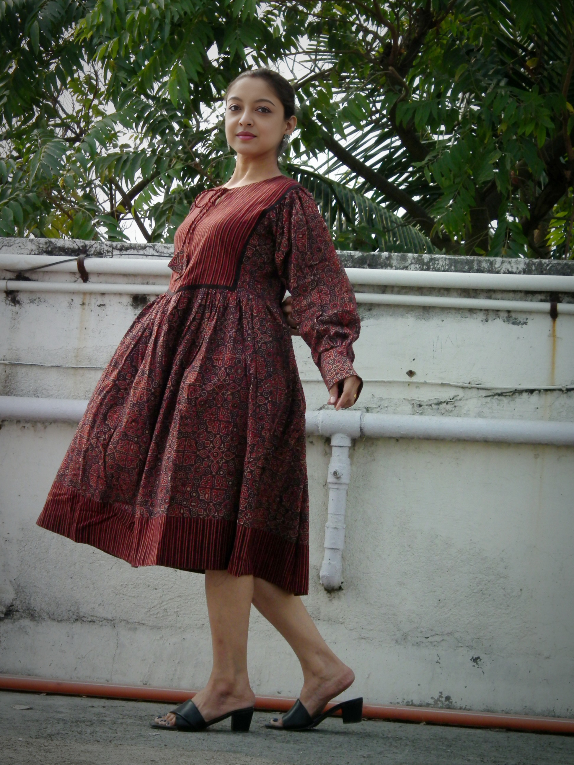 KHIVA -Loose fit, Lantern Sleeves Ajrakh Printed Midi Dress with round stringed neck.