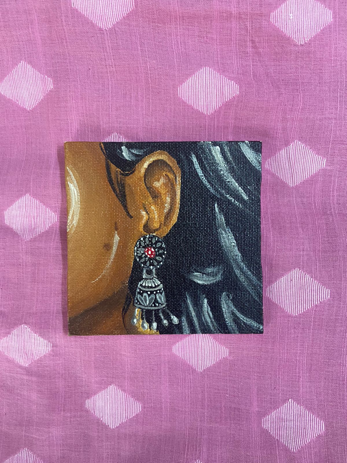 Lady Ear with Jhumka Painting 4x4 | Acrylic Canvas Art