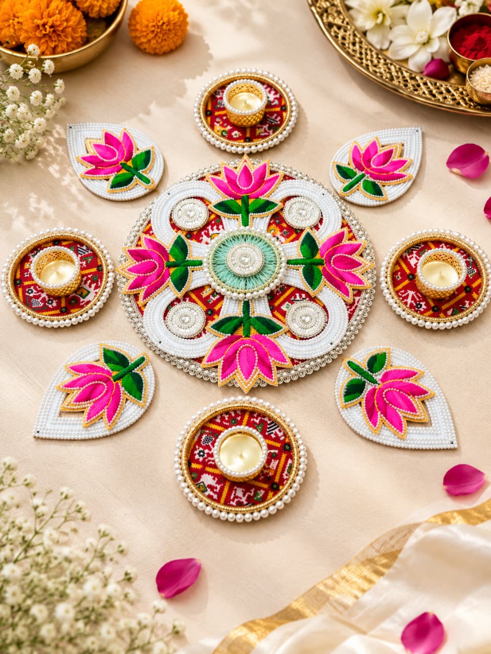 Lotus Elegance Designer Pooja Rangoli & Diya Set