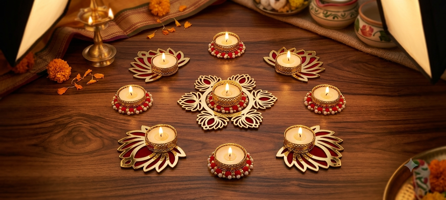 Lotus Tealight Diya Holder Rangoli Set of 9 Pcs with Wax candle