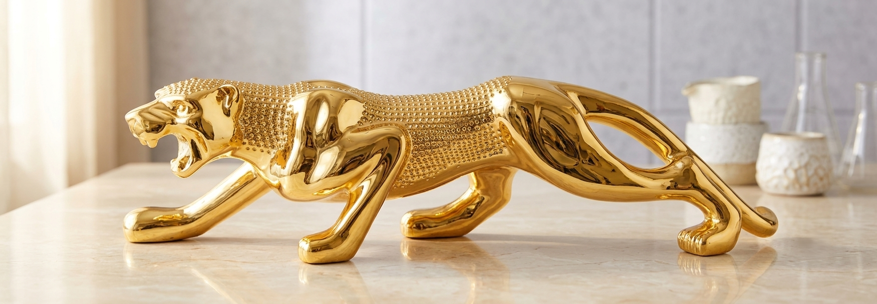 Luxury Metallic Gold Prowling Jaguar & Leopard Panther Statue | Modern Abstract Golden Cheetah Figurine Showpiece for Office Desk, Living Room & Executive Decor