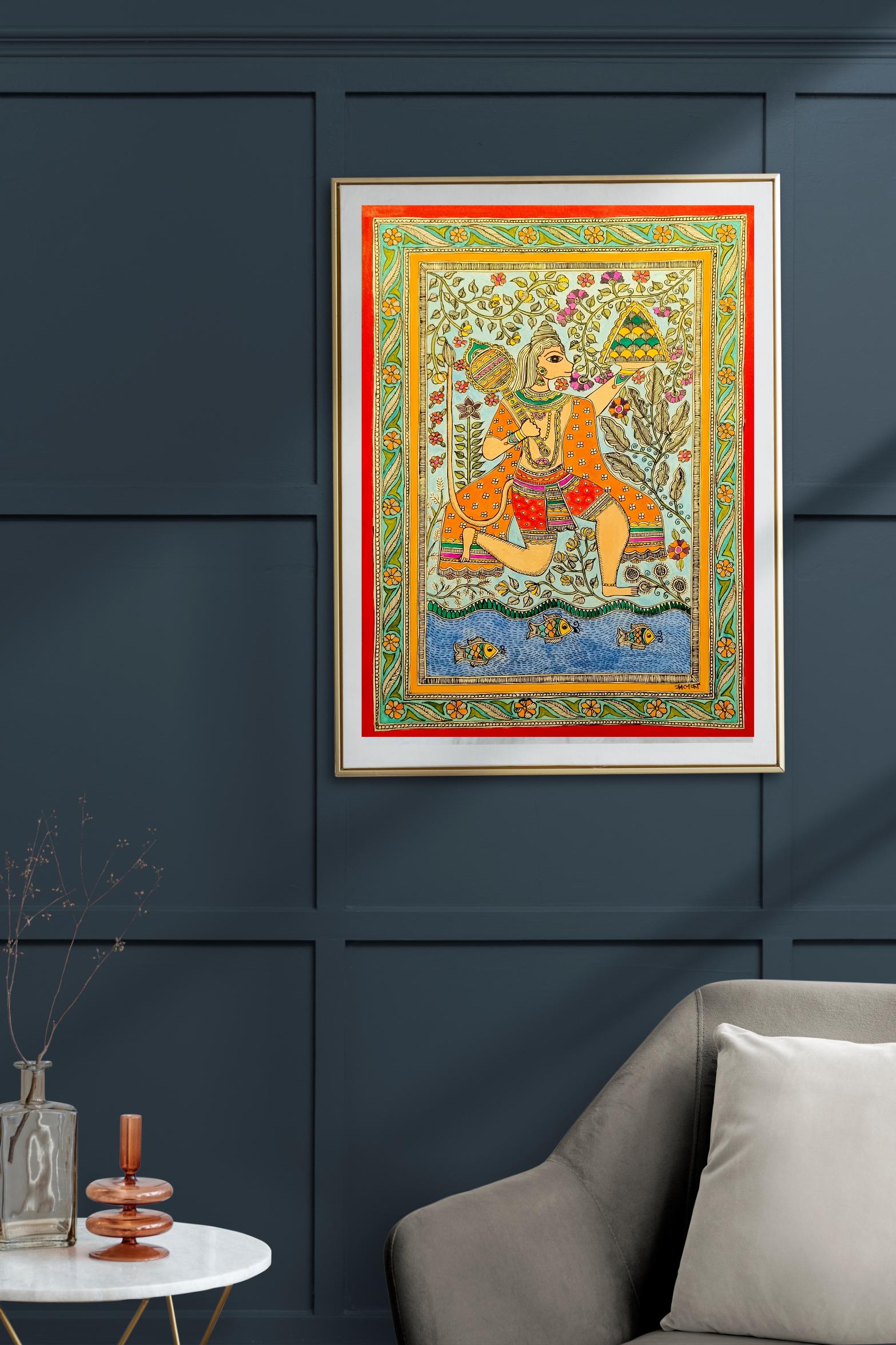 Madhubani painting Hanuman l Sanjeevani booti l Vibrant Hanuman painting | Hindu Religious Wall Decor, Pooja Ghar Art