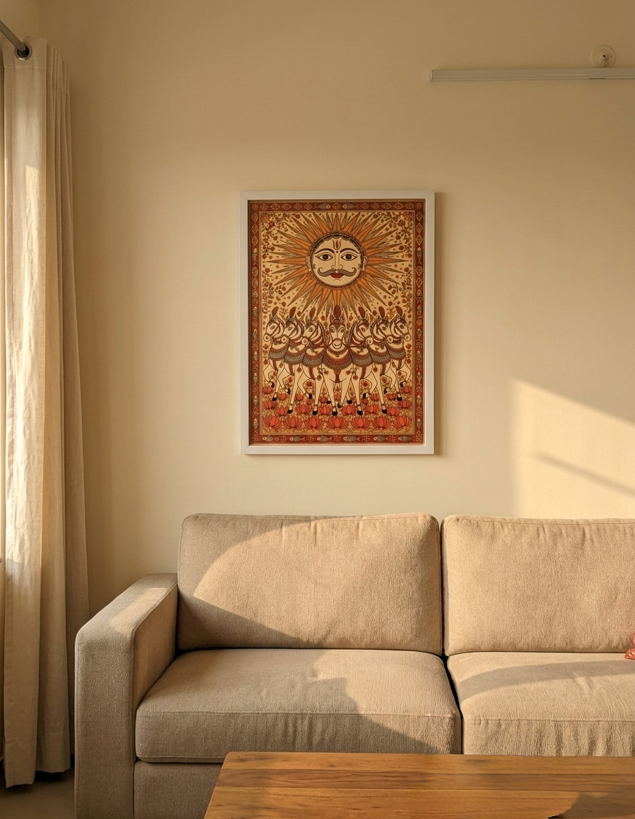 Madhubani Seven Horses Sunrise – Premium Framed Art by Walls Artistry