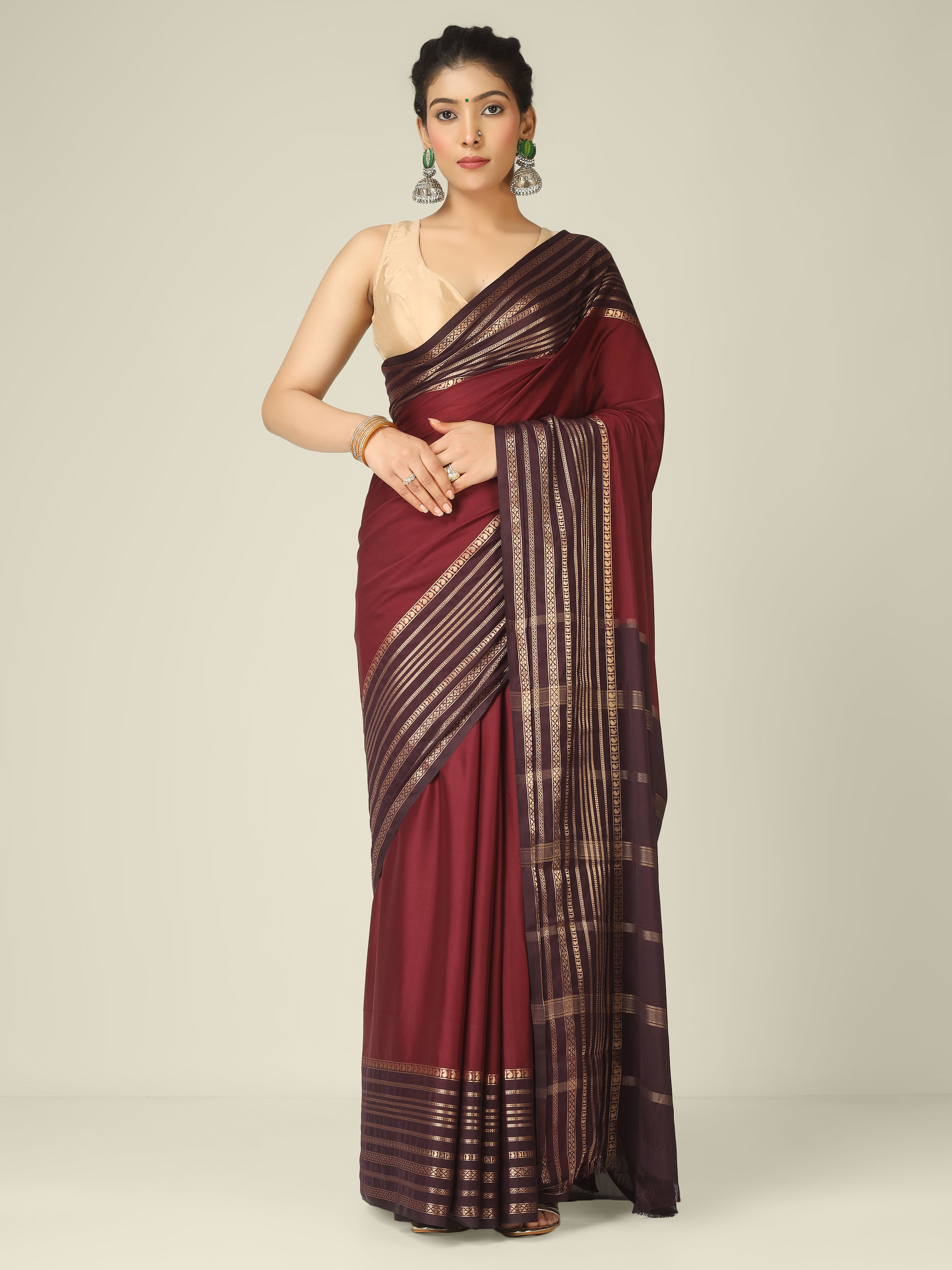 Maroon Red and Brown zari crepe silk sarees