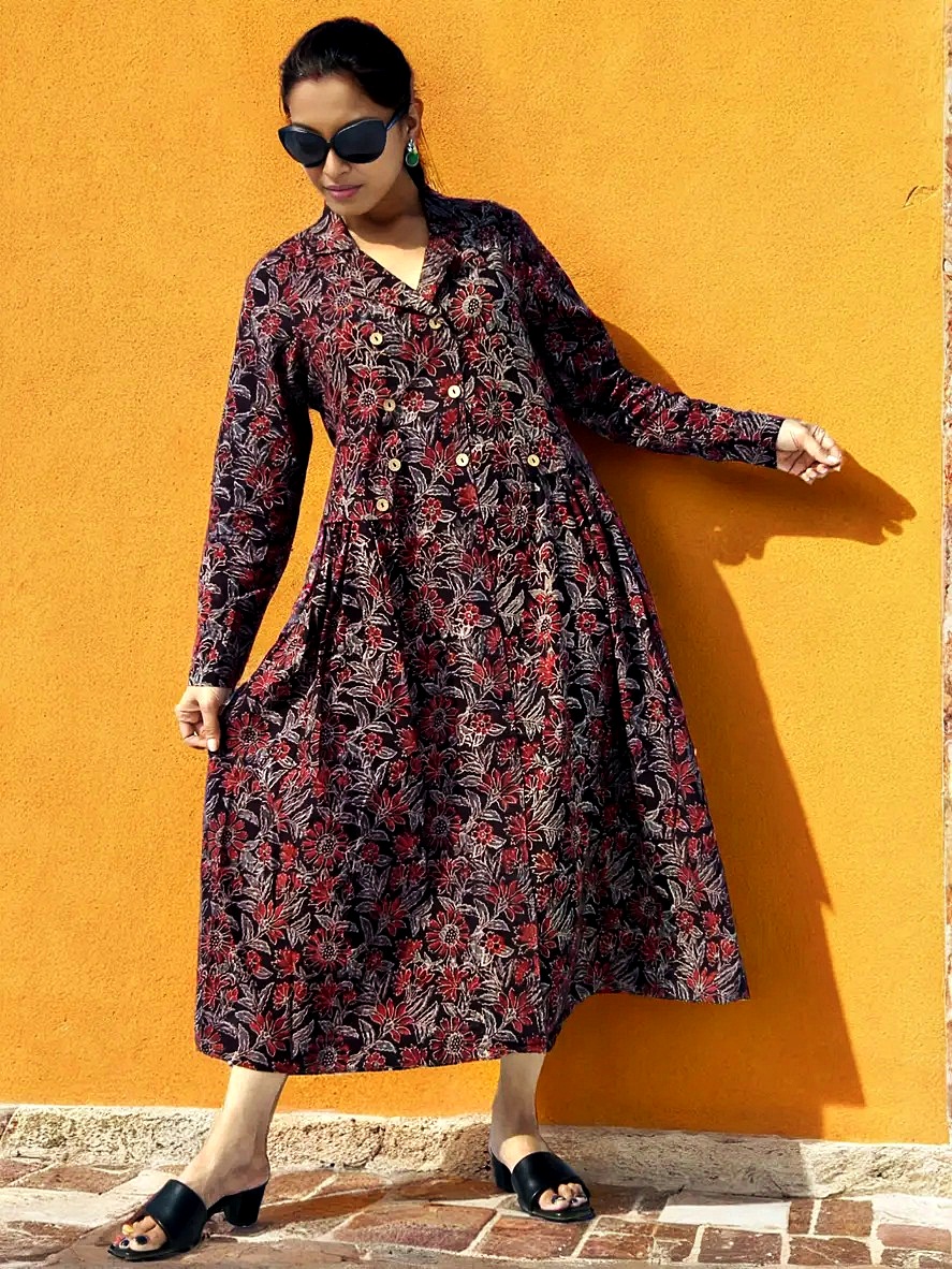 MAUI- Floral Ajrakh handblock printed Lantern Sleeves warm Chocolate Collared A Line Dress.