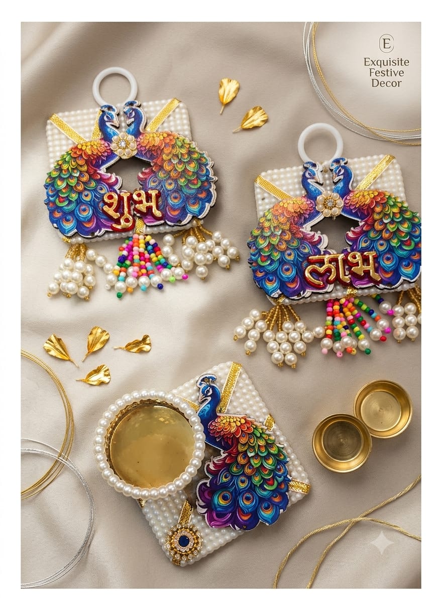 Mayur Shubh Labh Festive Décor Set – Peacock Embellished Wall Hangings & Diya Holder
