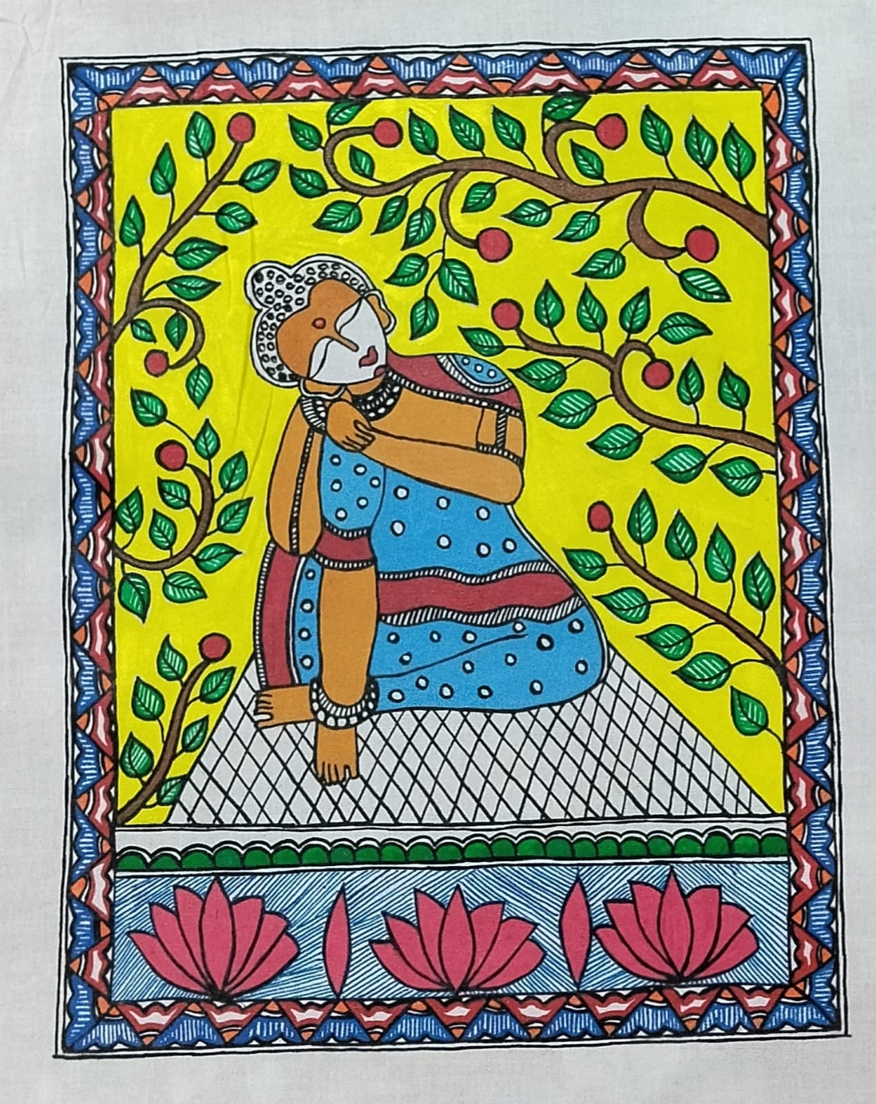 “Serene Enlightenment: Handcrafted Madhubani Meditating Buddha on Canvas”