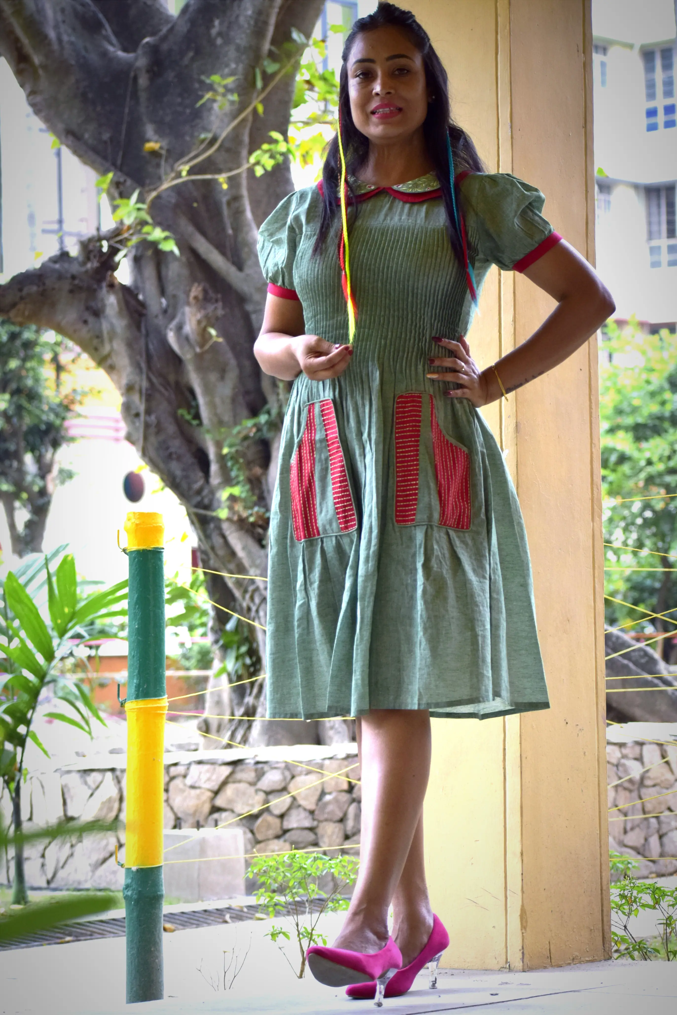 MIRAGE LOVE - Vintage Styled A Line Midi Dress,with PeterPan Collar. Crafted from Premium Cotton, Embroidered Belt & HornBone back Closure.