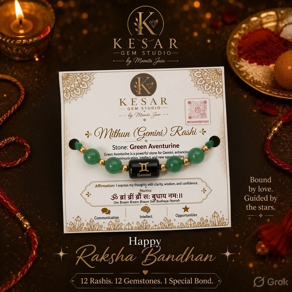 Mithun (Gemini) Rashi Rakhi – Green Aventurine Gemstone Rakhi