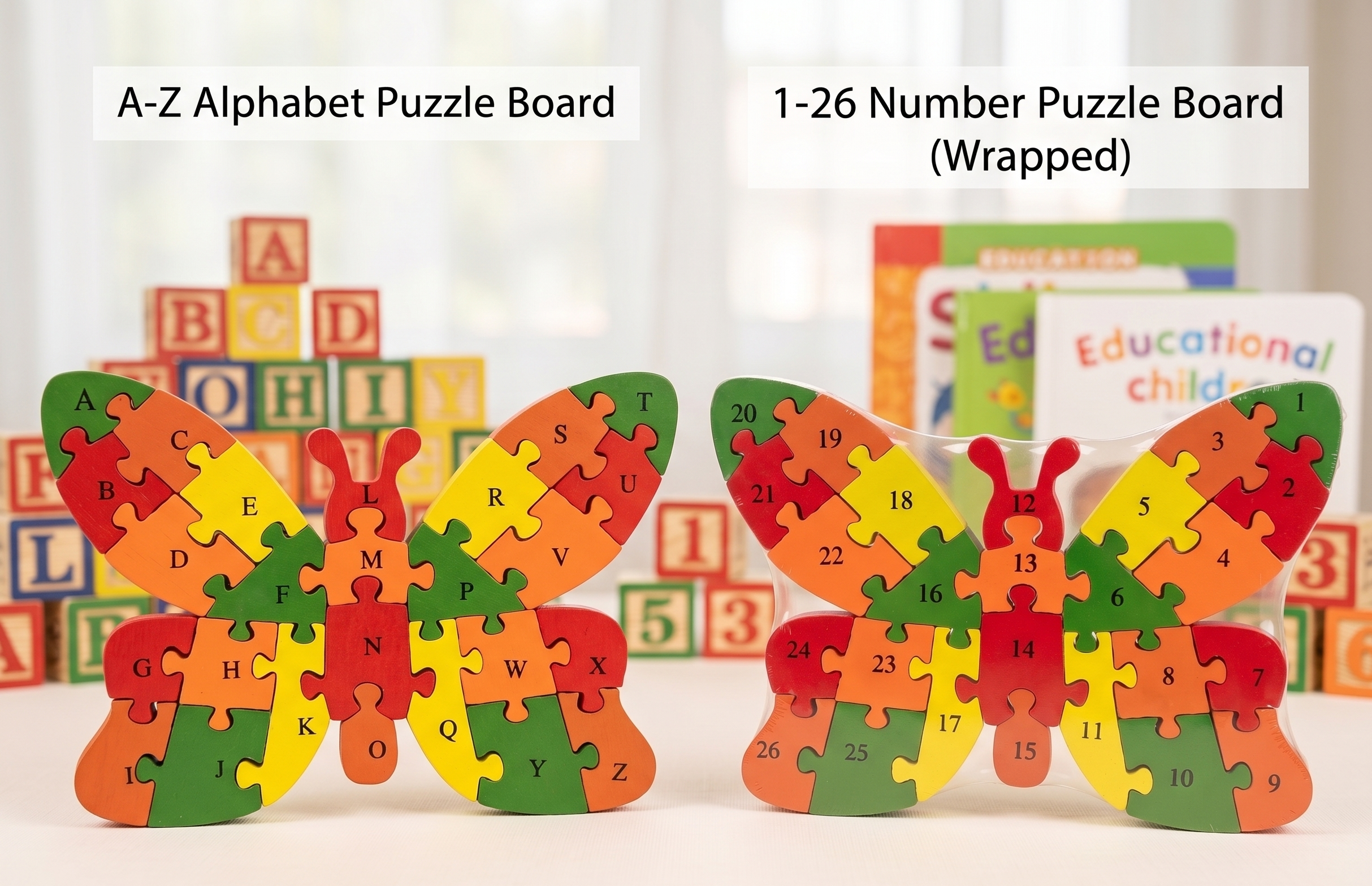 Montessori 2-in-1 Wooden Butterfly Alphabet & Number Puzzle Board Set