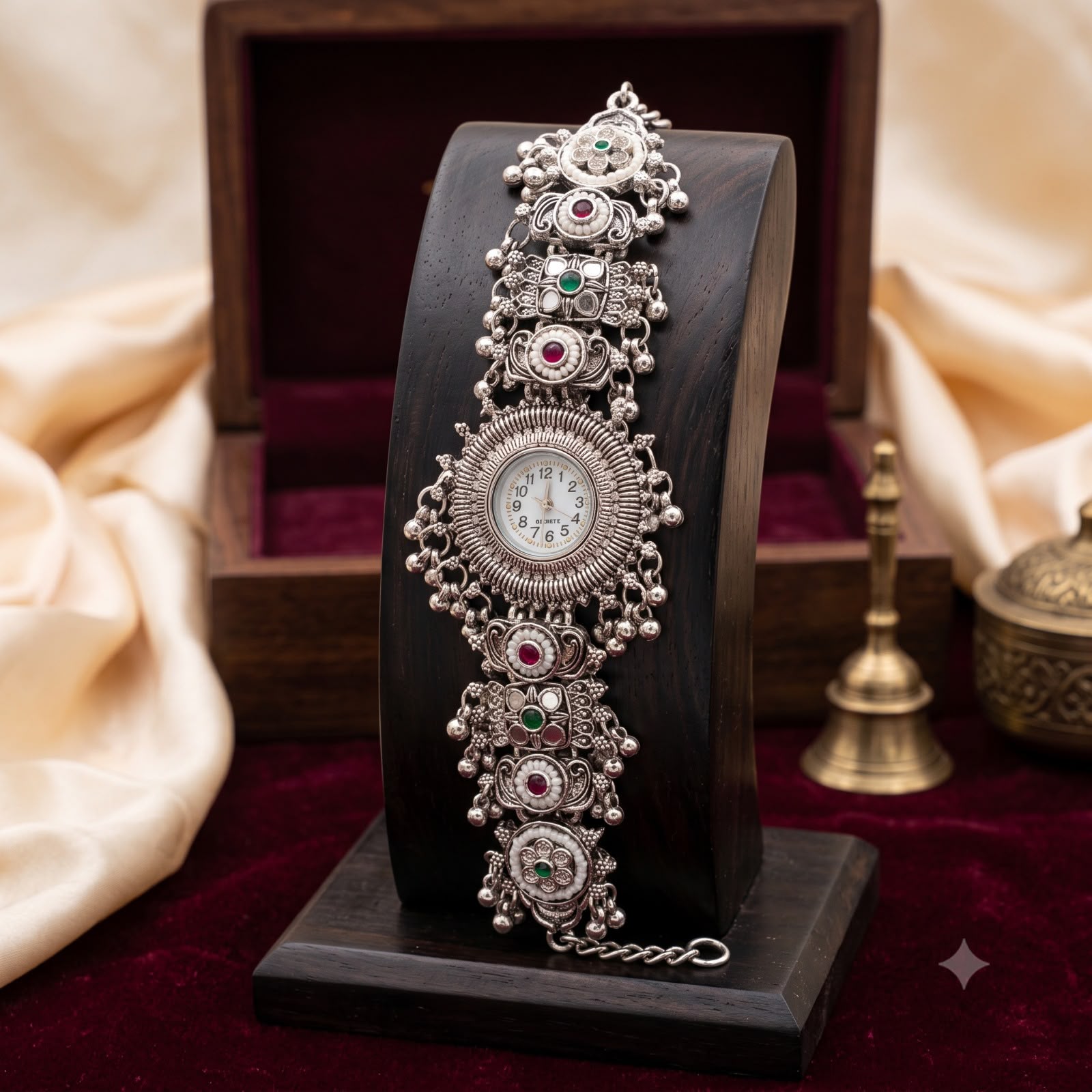 Navratri Special Kashmiri Oxidised Silver Designer Bracelet Watch for Women