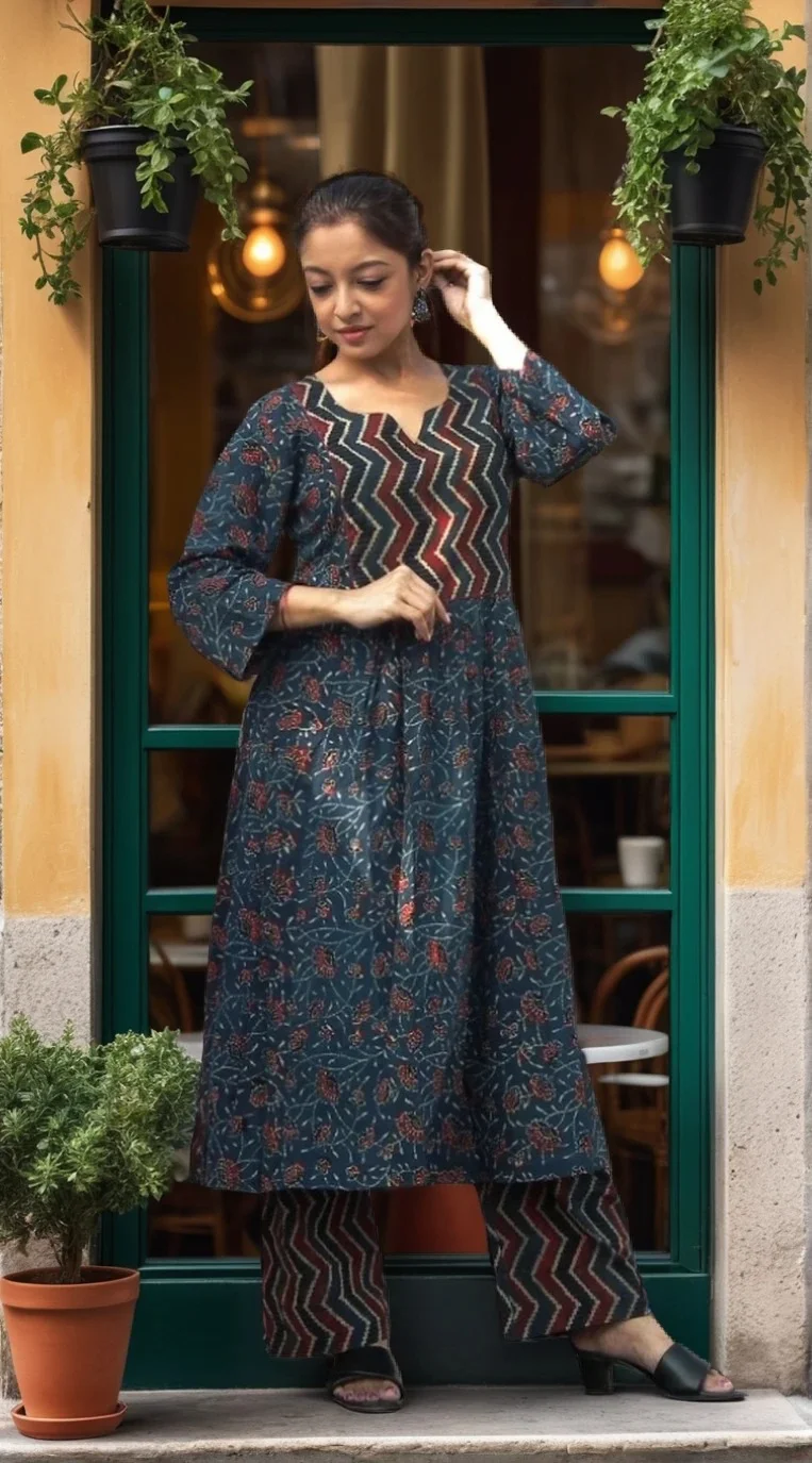 NAZRET -Smart fit, Ajrakh Hand block printed cotton Flared Kurta with round V neck and palazzo set.