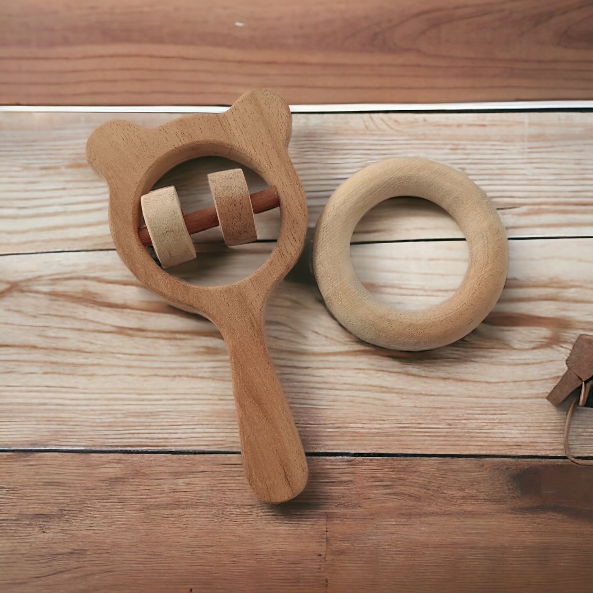 Neem Wooden Rattle & Teether Combo – Mickey Head & Ring Shapes | Natural Antibacterial Baby Toy